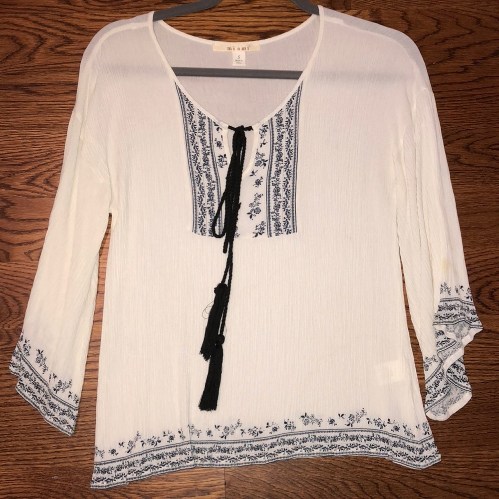 Blue and white tied in front top size small.